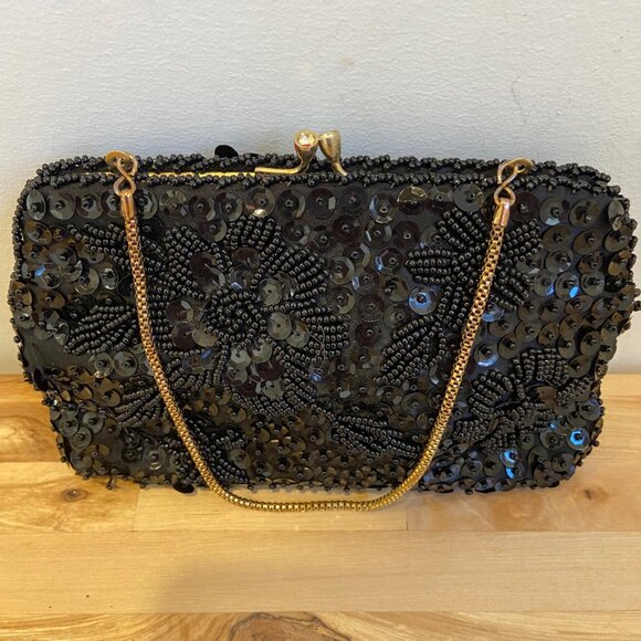 Vintage Du-Val Black Beaded & Sequined Evening Clutch Purse With Gold Chain Hand - Picture 6 of 13
